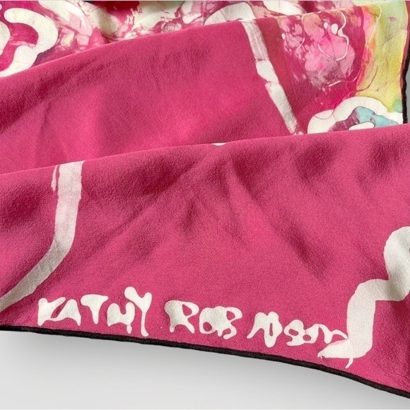 Vtg Kathy Robinson Silk Scarf Tie Dye Swirls Pink Black Trim & Tassels Triangle - Picture 10 of 16